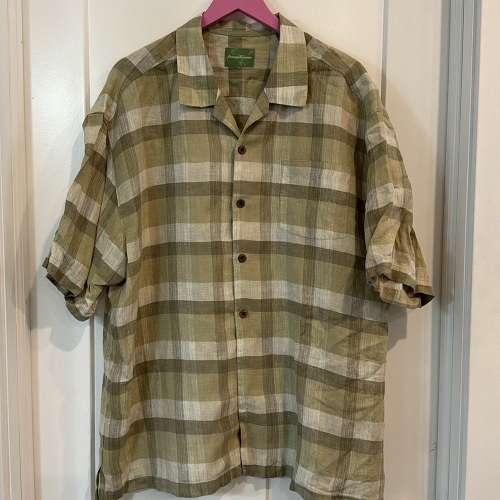 Tommy Bahama short sleeve linen green plaid button up Size XLT